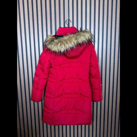 Tommy Hilfigure Jacket Small Womens Red Puffer Faux Fur Hoodie Coat Zippers - Picture 2 of 10